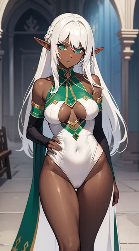 (((Elf Woman))),((Dark Skin)),((White Hair)),((Green Eyes)), ((sexy body)), ((Evening dress))