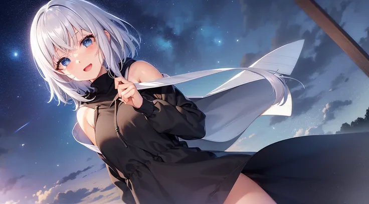 (masutepiece: 1.2, Best Quality), 1 Lady, Solo, silber hair,Shoulder out,Very short hair, long bangs between eyes, blue eyess,Black eyes, Hoodie,White hair, Silver hair, Hoodie, White hoodie、night sky full of stars、rays of moonlight、Bright smile、open open ...