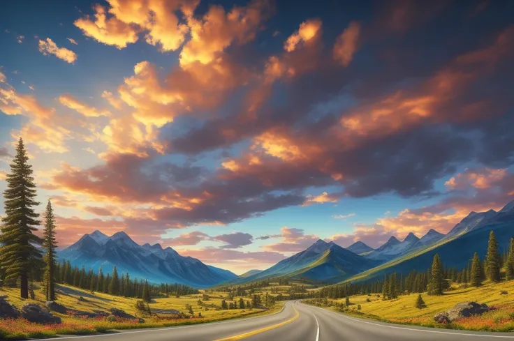 (photo of a straight road leading to the majestic mountain, masterpiece, vivid summer clouds and sun in the sky, untouched wilderness in California, HDR, ultra-detailed, realistic:1.37, fine art painting, stunning landscape, vibrant colors, warm sunlight, ...