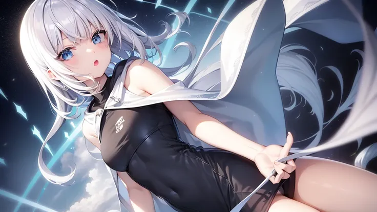 (masutepiece: 1.2, Best Quality), 1 Lady, Solo, silber hair,Shoulder out,Very short hair, long bangs between eyes, blue eyess,Black eyes, Hoodie,White hair, Silver hair, Hoodie, White hoodie、Vast Land、open open mouth、5 fingers