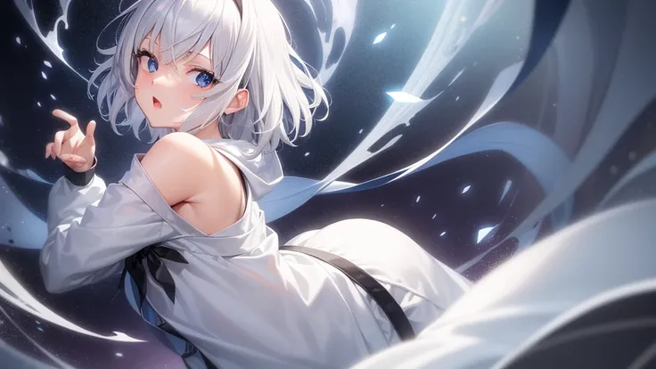 (masutepiece: 1.2, Best Quality), 1 Lady, Solo, silber hair,Shoulder out,Very short hair, long bangs between eyes, blue eyess,Black eyes, Hoodie,White hair, Silver hair, Hoodie, White hoodie、Vast Land、open open mouth、5 fingers