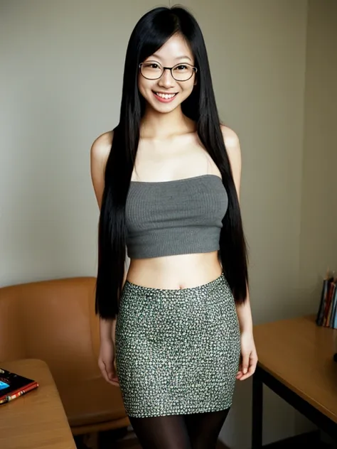 asian, glasses,  small breasts, topless, smile, sexy pencil skirt, tights, long straight hair, long legs