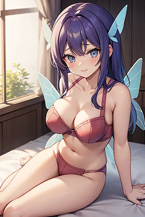 ((Best Quality)), ((Masterpiece)), (detailed), purple hair, blue eyes, hair ornament, ((butterfly wings)), (((red color bra))), (((red color underwear))), (((red color lingerie))), sexy, large breast, bed