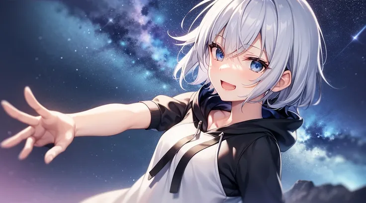 (masutepiece: 1.2, Best Quality), 1 Lady, Solo, silber hair,Shoulder out,Very short hair, long bangs between eyes, blue eyess,Black eyes, Hoodie,White hair, Silver hair, Hoodie, White hoodie、night sky full of stars、rays of moonlight、Bright smile、open open ...