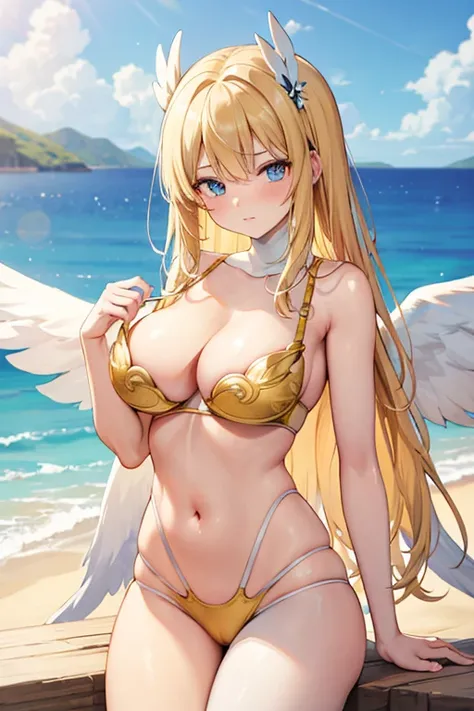 ((Best Quality)), ((Masterpiece)), (detailed), perfect faces, ((blonde hair)), blue eyes, large breast, sexy, orange color bra, orange color underwear, orange color lingerie, cum in pussy, breast milk, angel wings, white wings