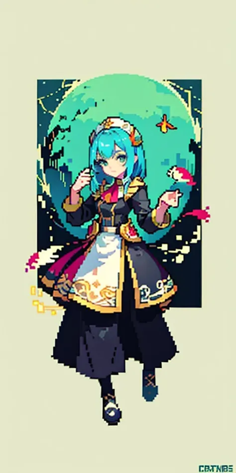 masterpiece, top quality, best quality), pixel,pixel art, 1 girl, aqua, fullbody, cyprinid