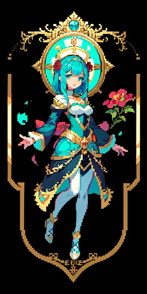 masterpiece, top quality, best quality), pixel,pixel art, 1 girl, aqua, fullbody, Cyprinid