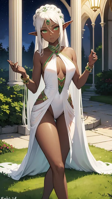 (((Elf Woman))),((Dark Skin)),((White Hair)),((Green Eyes)), ((sexy body)), ((Evening dress))