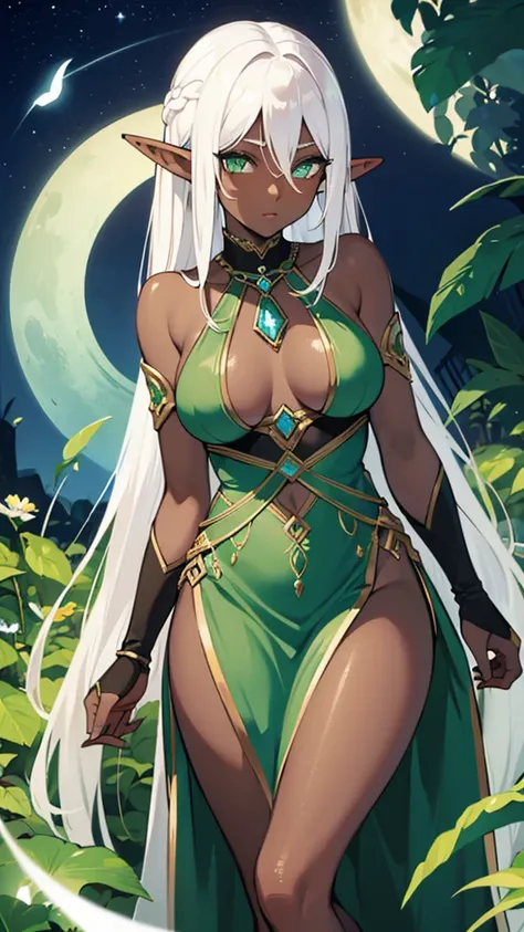 (((Elf Woman))),((Dark Skin)),((White Hair)),((Green Eyes)), ((sexy body)), ((Evening dress))