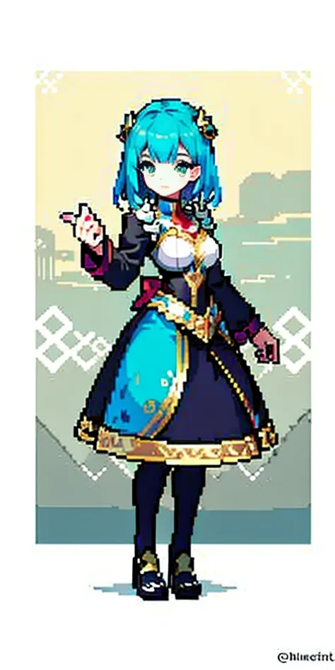 masterpiece, top quality, best quality), pixel,pixel art, 1 girl, aqua, fullbody, Cyprinid