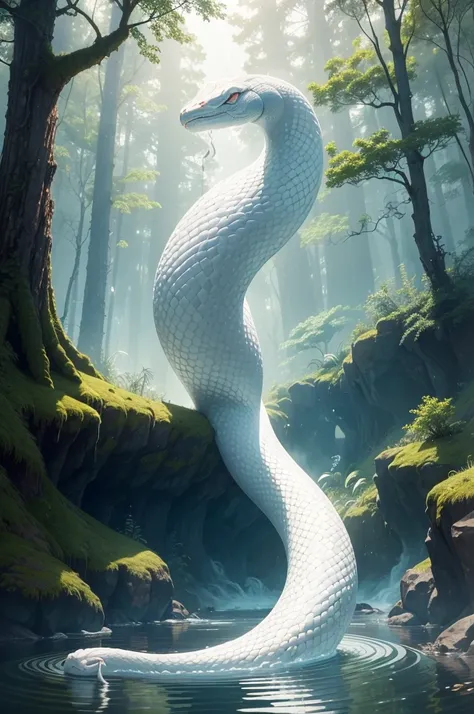 there is a white snake that is floating in the water, [[fantasy]], [ [ hyperrealistic ] ], god of the forest, white steam on the side, 4 2 0, rob, my home, puṣkaracūḍa, totem, endless, white and silver, large tail, foto