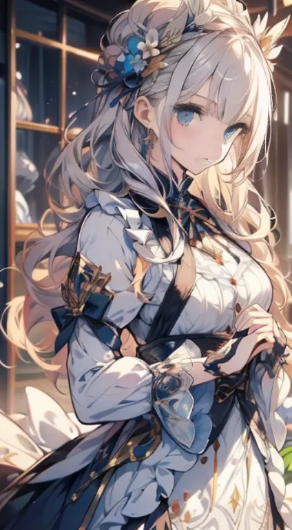 Official art, ヨーロッパの​masterpiece女性,, pale silver hair , azure eyes, (​masterpiece、top-quality、hight resolution: 1.4),in 8K, Anime Art Nouveau, highly detailed exquisite fanart, anime fantasy illustration, clean detailed anime art, detailed anime art, sharp...