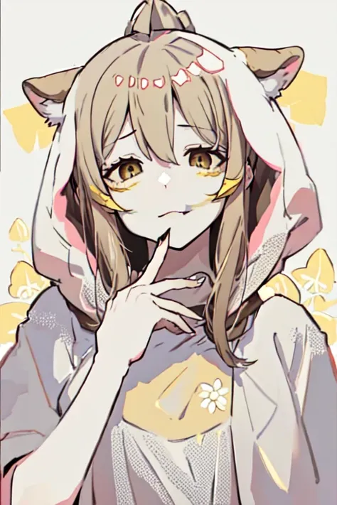 gaogao-nichka, 1girl in, solo, bangs, brown hair, hoods, , animal costume, brown eyes, tusk,
holding, holding hair, solo, artist...