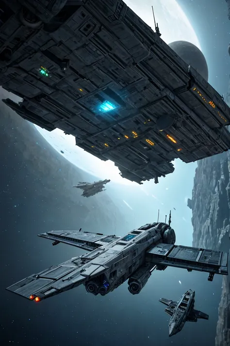 spacecraft in action, star wars, in the style of olympus af-1 (aka olympus infinity), cinematic stills, light gray and blue, i cant believe how beautiful this is, fragmented planes, light gray and dark emerald, frostpunk, realistic hyper-detailed rendering...