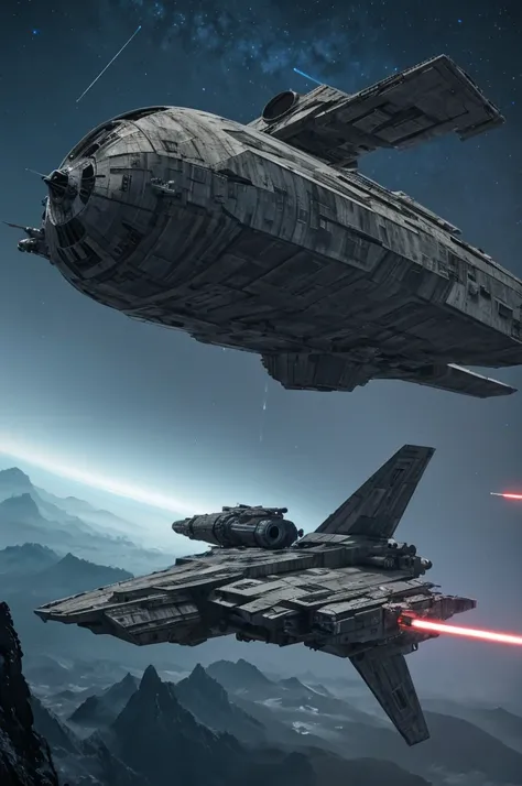 spacecraft in action, star wars, in the style of olympus af-1 (aka olympus infinity), cinematic stills, light gray and blue, i cant believe how beautiful this is, fragmented planes, light gray and dark emerald, frostpunk, realistic hyper-detailed rendering...