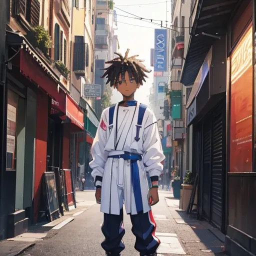 a boy, Italian African Mixed Race, cheveux asap rocky, Transformed into an anime style, with exaggerated unique facial features and clothing, standing on a busy city street, Backlit background highlights the subject, High-contrast colours, 4K High Definiti...