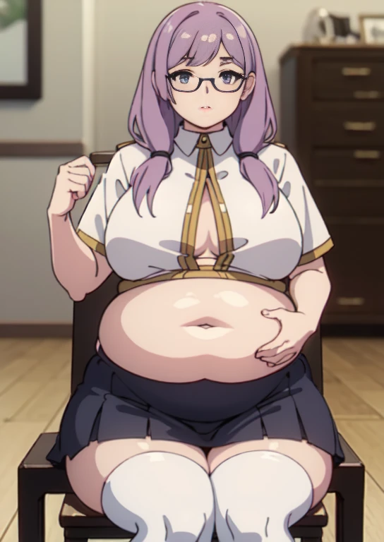 (masterpiece, best quality), 1girls, big belly, blurry background, huge belly, art by kipteitei, round belly, chubby, curvy, white button-up shirt, skirt, thighhighs, simple_background, gradient_background, belly bursting out of shirt, belly grab, enormous...