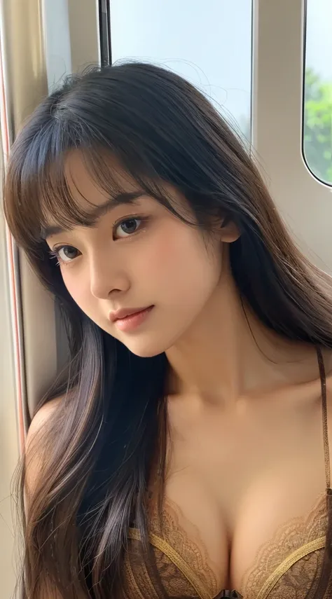 Top image quality、​masterpiece、Beautuful Women、japanes、25-years old、Full body、On the train、（masuter piece：1.3）、（in 8K、Photorealsitic、Raw photography、top-quality：1.4）、（girl with）、Beautiful expression、（Lifelike face）、（A dark-haired、Realistic eyes beautiful d...