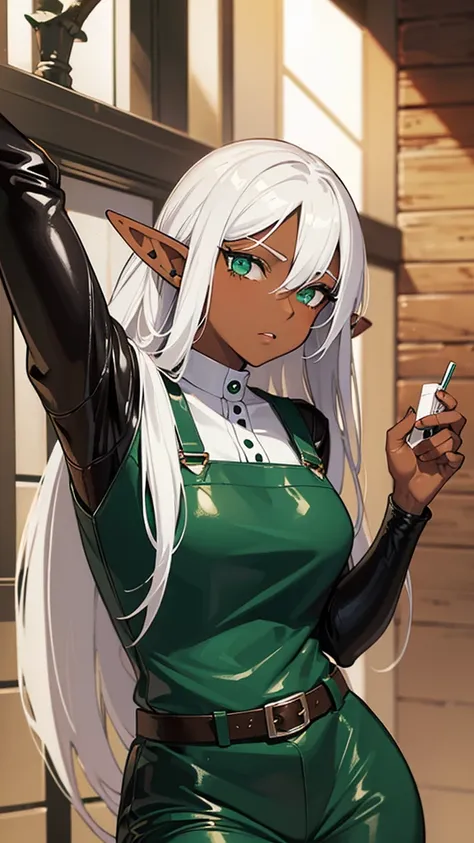 (((Elf Woman))),((Dark Skin)),((White Hair)),((Green Eyes)), ((sexy body)), ((Dressing leather overall))