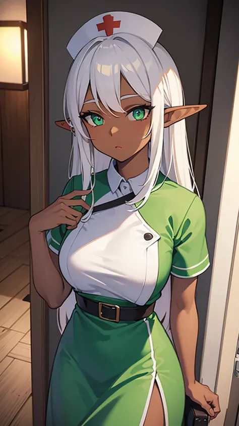 (((Elf Woman))),((Dark Skin)),((White Hair)),((Green Eyes)), ((sexy body)), ((Wearing a nurse costume))