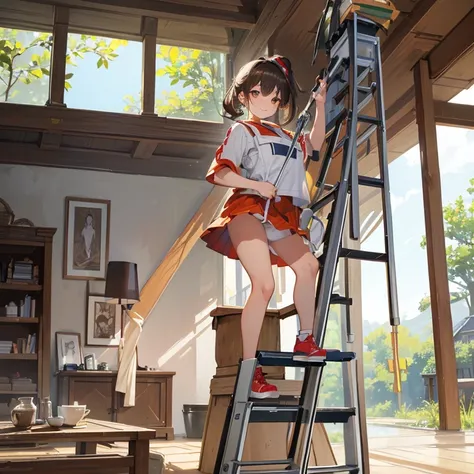 NSFW, High-quality, High-resolution, Anime sketch, Warm main color, (Angle looking up from below, Low-angle shot), Back-facing, (cleaning woker Girl), Natural lighting, (she is standing on the top of a stepladder:1.8), Bright facial features, Happy express...