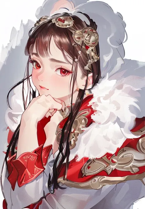 (best quality,4k,8k,highres,masterpiece:1.2),ultra-detailed,(realistic,photorealistic,photo-realistic:1.37),a girl in a red cloak cradling her cheeks with white fur underneath her shoulders,portrait,red color tone,soft lighting