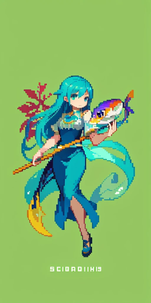 masterpiece, top quality, best quality), pixel,pixel art, 1 girl, aqua, fullbody, Cyprinid