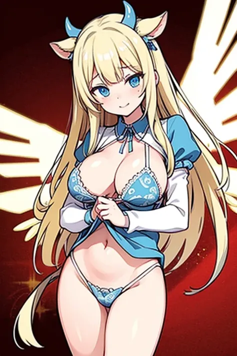 ((Best Quality)), ((Masterpiece)), (detailed), perfect faces, blonde hair, blue eyes, large breast, sexy, cow pattern bra, cow pattern lingerie, cow pattern underwear, cum in pussy, breast milk, angel wings, ((no horns)), ((no cow ears))