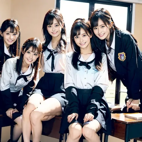 Raw photo、(((multiple girls))),((((6+girls)))),((((100 girls)))),((((1000 girls)))),(((crowd shot))),Women only、((Everyone has the same face)),((matching school uniform))、17 years old、Long black hair、japanes、100 cute high school girls、a smile、‎Classroom、se...