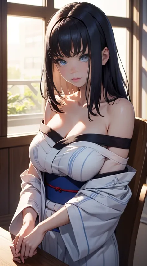 8K、quality、On a table、super high image quality、ultra - detailed、super beautiful、Ultra-realistic hair textures、anime illustration、Surreal sensibility、Whole body ESBIAN、mesmerizing looks、shave 、Off-the-shoulder blue yukata、Beutiful women、blue long hair、pony ...