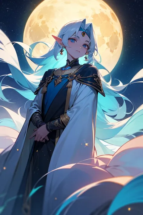 male moon elf with a mysterious and celestial aura. Ele tem uma estatura elegante, medindo aproximadamente 1,85 metros de altura. Seus cabelos prateados fluem como raios de lua cheia, brilhando com uma luminosidade suave. Seus olhos, deep blue like the sta...