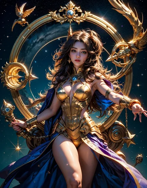 Sagittarius pictures，Magical golden Sagittarius astrolabe，（Half-human, half marathon image），((Charming Sagittarius female character:1.2),(Sagittarius symbol:1.1),starryskybackground,The stars twinkle,a sense of mystery,Cosmic elements,Majestic、A deep,Gorge...