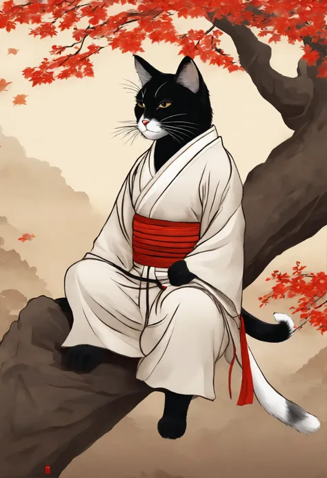 Painting of a cat in a kimono, sitting on a tree, Anime Cat, Samurai cat, inspired by Koson Ohara, inspired by Ohara Koson, realistic Anime Cat, inspired by Tōshūsai Sharaku, Japanese Art Style, Monk Tabaxi, anthropomorphic cat ninja, neko, Kitsune, fox no...