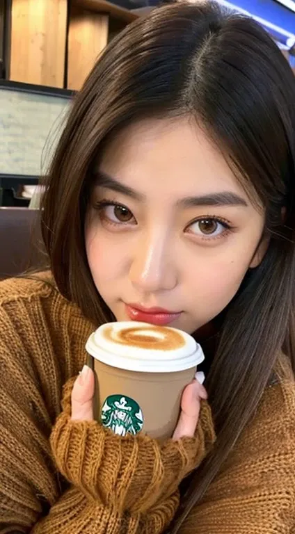 A asian girl,wearing power goggle, wearing sweater,drink Starbuck coffee, having brown eyes,double Eyelids,