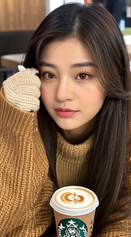 A asian girl,wearing power goggle, wearing sweater,drink Starbuck coffee, having brown eyes,double Eyelids,