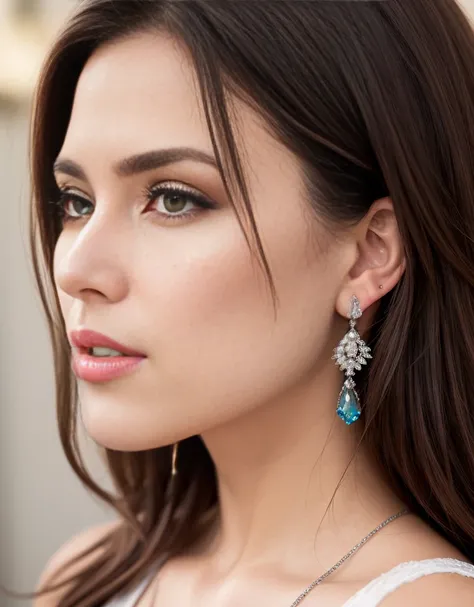 (masterpiece, best quality), intricate details, realistic, photorealistic, a close up of a woman wearing earrings, inspired by Emma Andijewska, draped in crystals, silver color, long earrings, sandra chevier, huge earrings, 2019, blue-eyed, platinum jewell...