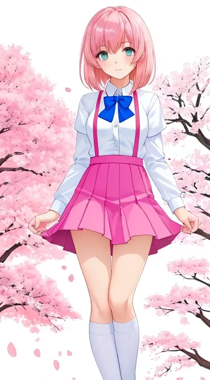 masutepiece, fullllbody, 1girl in, Solo, Standing, Pink tones, Manga style, pink cherry blossoms nearby,14years, Pink hair, blue suspender skirt uniform, White shirt, blue neck bow tie, (White background), Looking at the viewer, side front pose