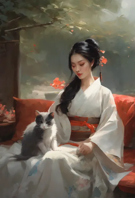 a painting: woman in kimono, sitting with a cat, artwork in the style of guweiz, Gao Fenghan, neko, guweiz, guweiz masterpiece, Japanese Art Style, artgerm and atey ghailan, ruan jia and artgerm, Lu Guang, Yang J, artgerm and ruan jia