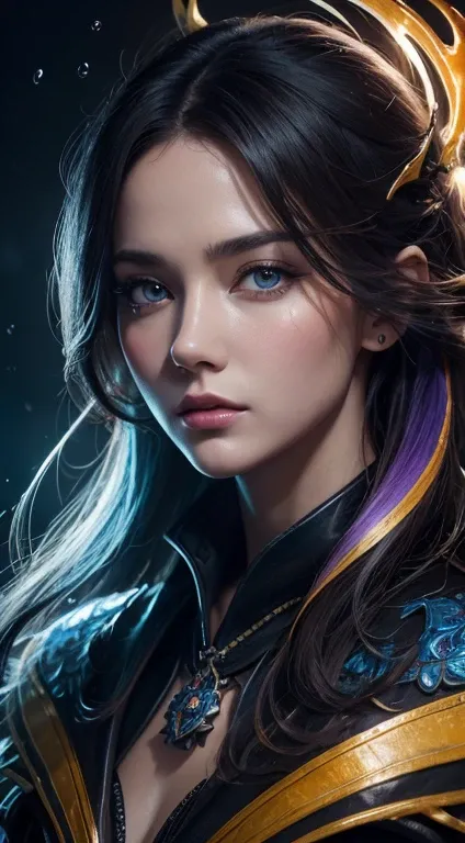 Colorful beautiful girl: a giru 28-years old, messy hair, oil painting, nice perfect face with soft skinice perfect face, blue yellow colors, light purple and violet additions, light red additions, intricate detail, splash screen, 8k resolution, masterpiec...