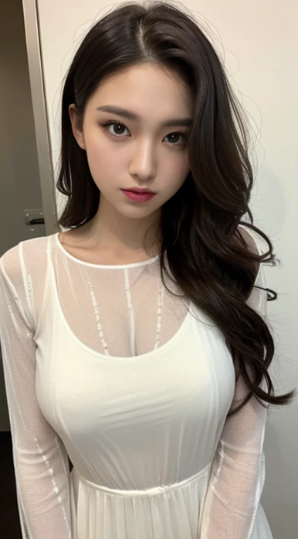 A woman with the same face as last time，４Ｋ、１Man Woman、A slender、 Loose wavy styling, Ecstatic expression,Woman wearing a sheer top and posing for a photo, see - through, Open V chest clothes, see through dress, beautiful , Nipples erect、Translucent body, s...