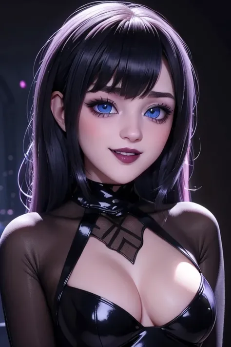 Fine detailed face perfect blue eyes pale skin gothic makeup, labios voluminosos y rosados boca abierta mostrando colmillos ,sonrisa coqueta y sexy ahegao