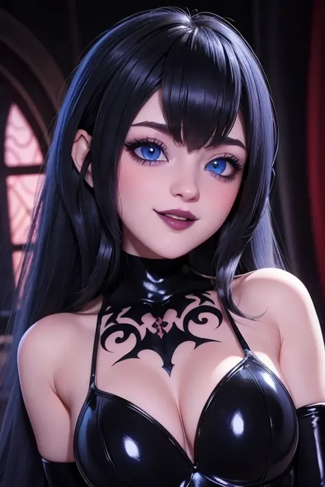 Fine detailed face perfect blue eyes pale skin gothic makeup, labios voluminosos y rosados boca abierta mostrando colmillos ,sonrisa coqueta y sexy ahegao