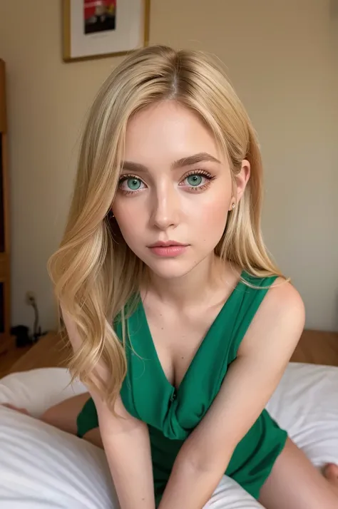 arafed woman fully ,  with green eyes, ultra realistic, meticulously detailed, portrait sophie mudd, blonde hair and large eyes, selfie of a young woman, bedroom eyes, violet myers, without makeup, natural makeup, looking directly at the camera, face with ...