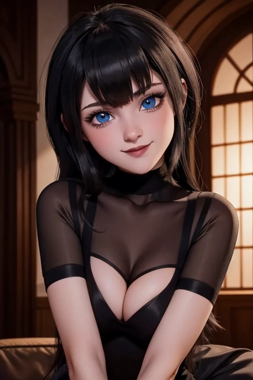 Fine detailed face perfect blue eyes pale skin gothic makeup, labios voluminosos y rosados boca abierta mostrando colmillos ,sonrisa coqueta y sexy cuerpo completo 1.2 esbelta y seductora posando grandes tetas escote