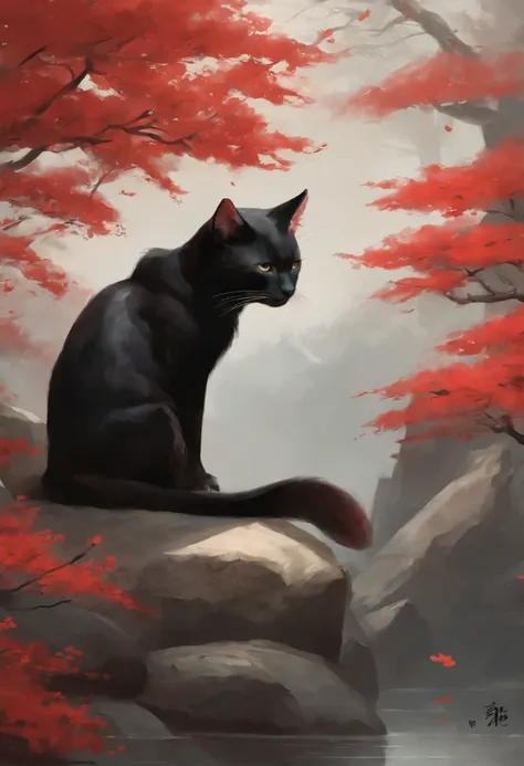 a painting: Man in black and red in a kimono, sit on a stone with a red three-tailed cat, beautiful character painting, haruno sakura, artwork in the style of guweiz, inspired by Guan Daosheng, inspired by Bian Shoumin, inspired by Zhibai, the non-binary d...