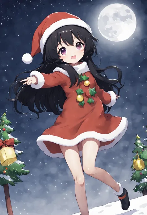 Anime Girl, whole body, christmas, black hair, Christmas hat, cute, happy, night, Stars, fullmoon, snowy, cold,