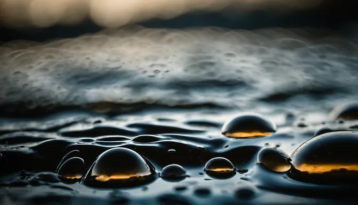 an abstract shot of water droplets on a vibrating surface, with multiple droplets creating unique and unpredictable patterns, showcasing the chaos and beauty that arises from the influence of vibration on water