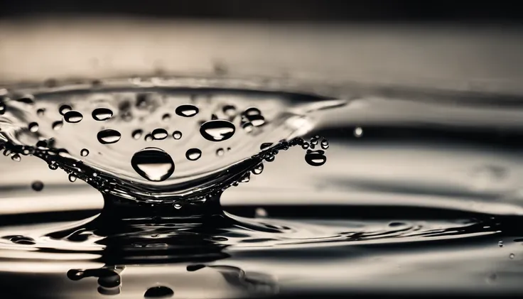 an abstract shot of water droplets on a vibrating surface, with multiple droplets creating unique and unpredictable patterns, showcasing the chaos and beauty that arises from the influence of vibration on water