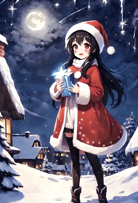 Anime woman, whole body, christmas, black hair, Christmas hat, cute, happy, night, Stars, fullmoon, snowy, cold, beautful,