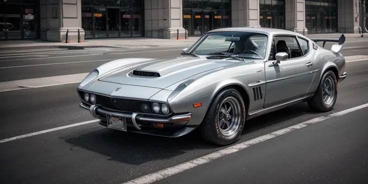 1970s style metallic-gray sports car parked in front of a large building, pexels contest winner, renaissance, automotive photography, vehicle photography, no watermarks, car commercial photograph, sportscar, shot on sony a 7 iii, full view of a sport car, ...